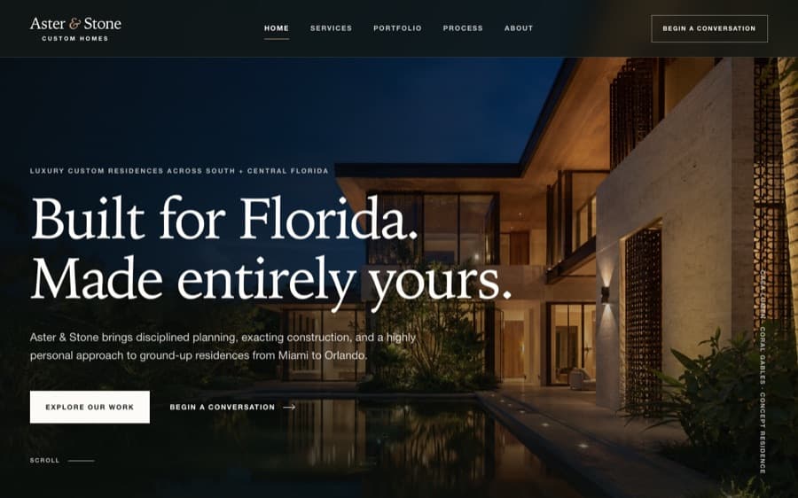 Aster & Stone Custom Homes demo website — dusk photography of a luxury Florida residence