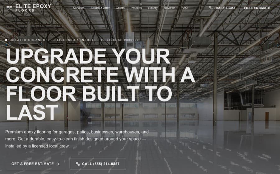 Elite Epoxy Floors demo website — dark warehouse hero with gold accents