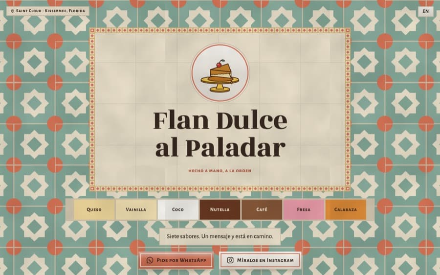 Flan Dulce al Paladar demo landing page — patterned tile background with a cream menu card and flavor swatches