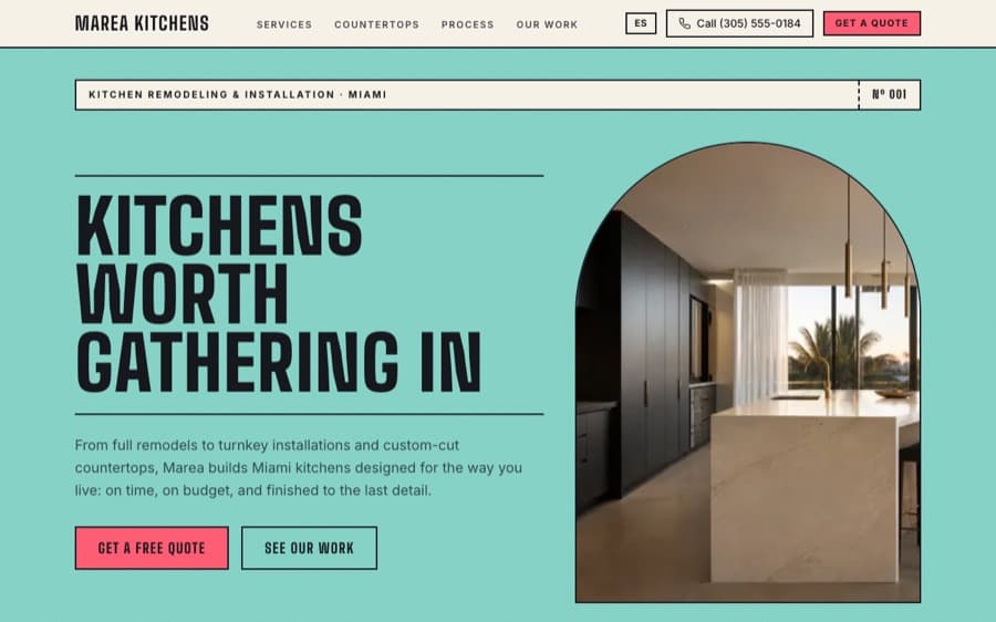 Marea Kitchens demo website — mint and pink kitchen remodeling site