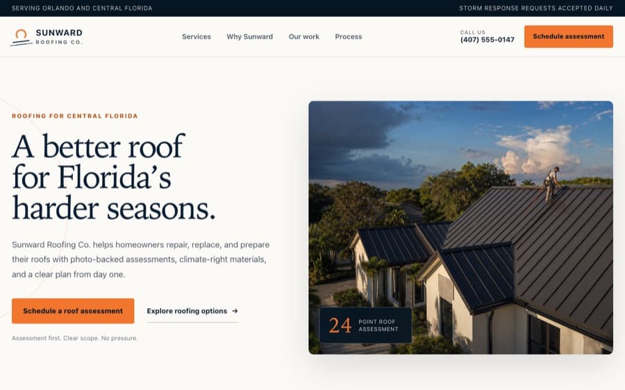 Sunward Roofing Co. demo landing page — warm rooftop photography with orange accents